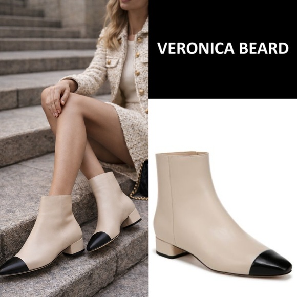 Veronica Beard Leather Cecile Bootie Ankle Boots Ecru Black Msrp $495 size 8